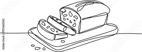 Continuous one line drawing zucchini bread that has been cut into 3 pieces on a chopping board. Healthy snacks for the weekend. National Zucchini Bread Day One line draw graphic design vector