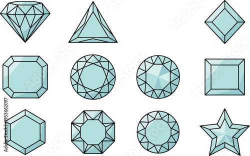 Diamond and gemstone cut shape vector collection featuring various geometric styles including round princess heart pear and star facets.