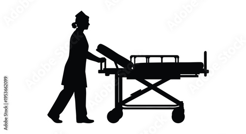 Silhouette of a healthcare worker pushing an empty hospital gurney