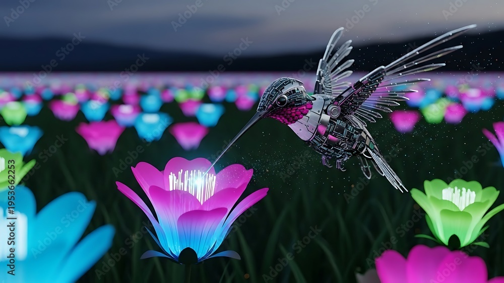 Obraz premium Hummingbird hovering above glowing flowers in a vibrant meadow at night