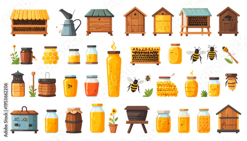 Honey Beehive Bee Illustration Set.