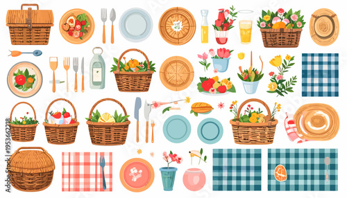 Picnic baskets with food and utensils.