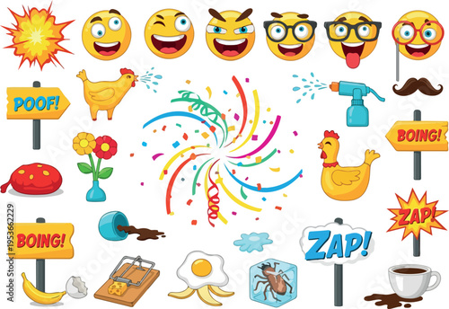 Collection of funny cartoon icons and symbols for humor, celebration, and playful design elements