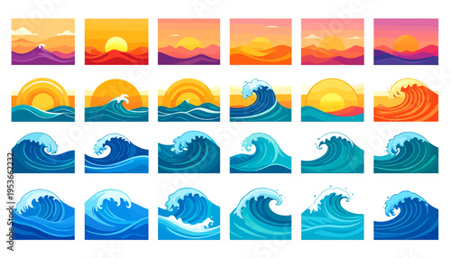 Waves and sunset over ocean water.