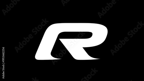 Modern stylized white uppercase letter R initial graphic design element on a clean black background, abstract typographic symbol.