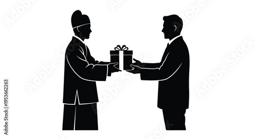 A silhouetted exchange of a gift between two formally dressed men