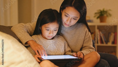 Leaning mother guiding daughter on sofa in living room, in knitted sweaters with tablet glow