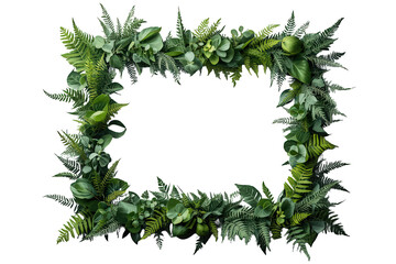 Green foliage frame creating a natural border with various fresh ferns and eucalyptus branches on transparent background