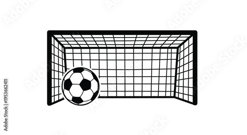 A black and white illustration of a soccer goal and ball