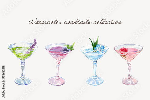 Set of watercolor fresh cocktail glasses