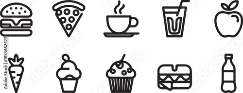 Single-line thick-stroke line art of food and drinks icons: burger, pizza, coffee cup, smoothie, fruits, vegetables, ice cream, cupcake, sandwich, soda bottle. One line draw graphic design vector