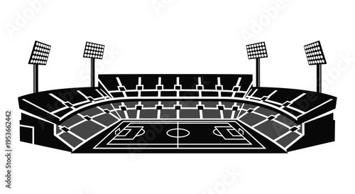 Minimalist black and white illustration of a large sports stadium