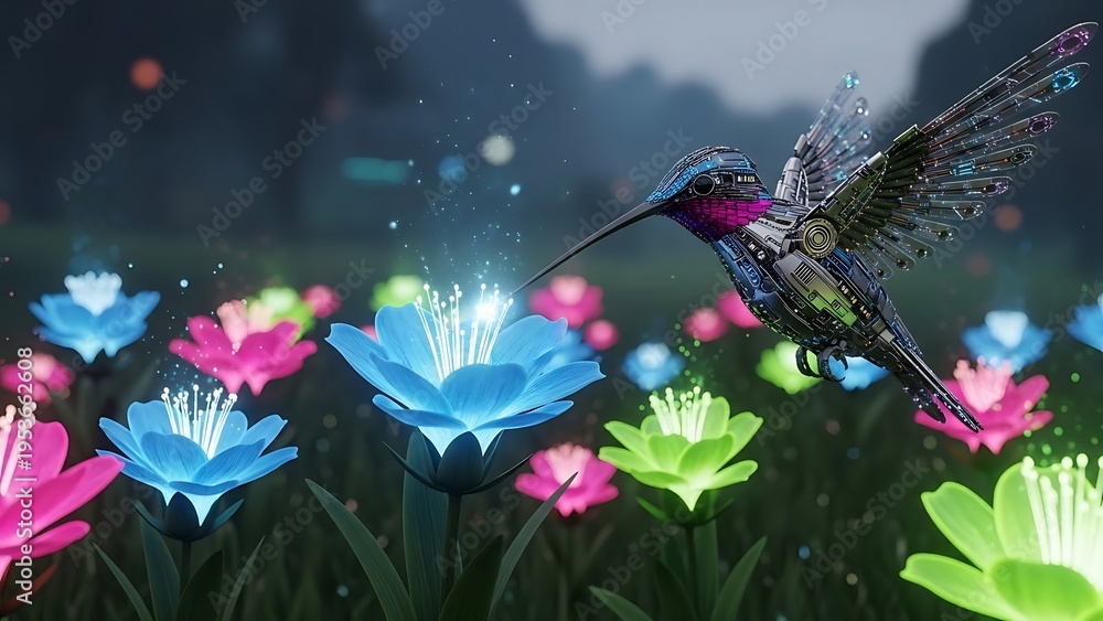 Obraz premium Hummingbird hovering near glowing flowers illustration in soft focus environment
