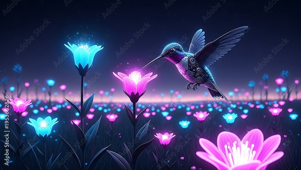 Fototapeta premium Hummingbird hovering near glowing flowers in a vibrant fantasy landscape