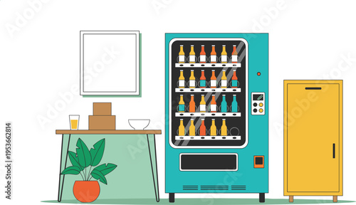 Modern vending machine with beverages in office interior, refreshment station with drinks, workplace break area design, automated snack and drink dispenser concept illustration
