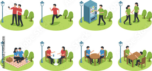 People outdoor activities vector set, park lifestyle scenes with walking, jogging, picnic, vending machine, and social interaction illustrations for leisure, urban life, and recreation design