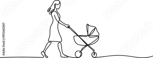 One continuous single drawing line art flat doodle parent, mom, people, mother, child, motherhood, stroller. One line draw graphic design vector
