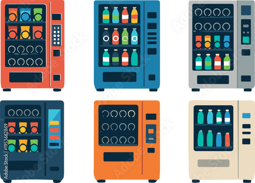 Vending machine vector illustration set, colorful snack and drink dispensers, modern automated retail machines isolated on background for business, food service, and convenience design