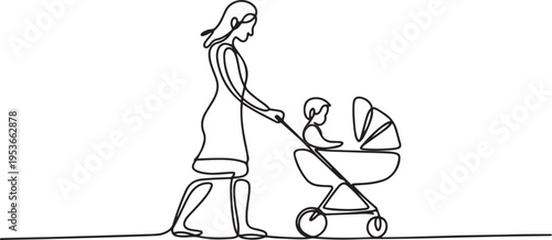 One continuous single drawing line art flat doodle parent, mom, people, mother, child, motherhood, stroller. One line draw graphic design vector