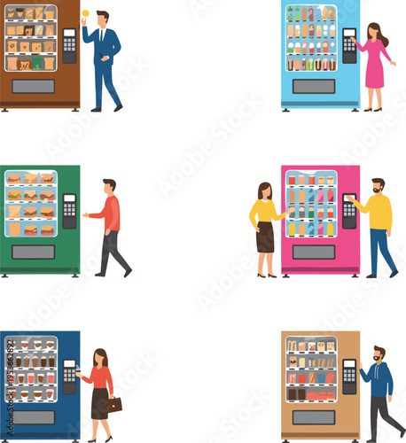 People using vending machines vector illustration set, snack and drink dispensers with customers buying food and beverages, modern retail, automated service, and convenience concept