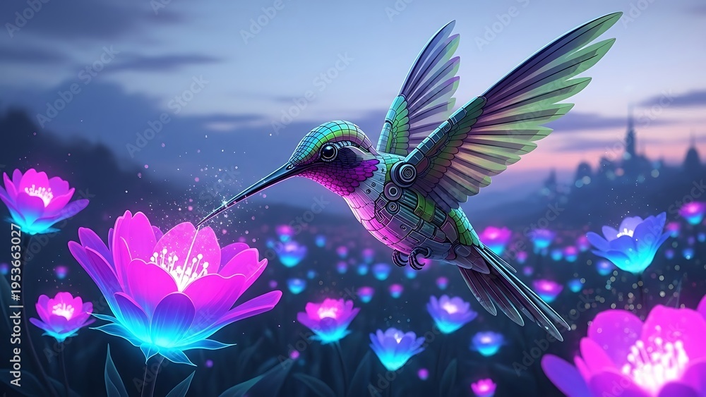 Obraz premium Hummingbird hovering over glowing flowers in fantasy landscape illustration