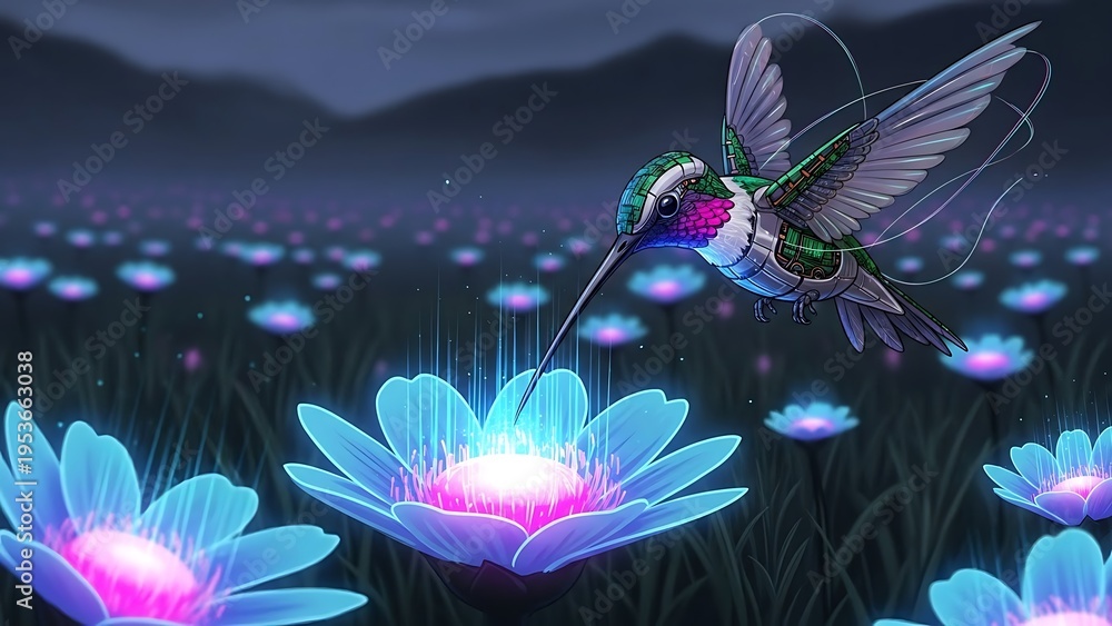 Obraz premium Hummingbird hovering over glowing flowers against a dark dreamy background