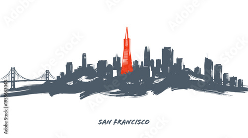 A stylized, minimalist illustration of the San Francisco skyline featuring the Transamerica Pyramid highlighted in red.