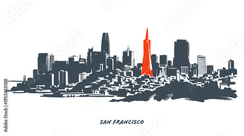 A stylized illustration of the San Francisco skyline featuring prominent buildings and a single orange tower.