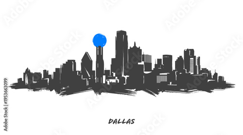 A stylized silhouette of the Dallas skyline, featuring iconic buildings and a prominent blue sphere atop Reunion Tower.