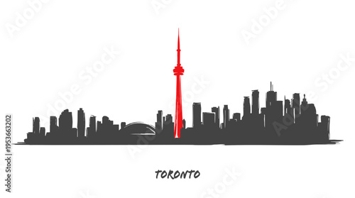 A stylized silhouette of the Toronto skyline, featuring the iconic CN Tower prominently in red against a backdrop of grey buildings.