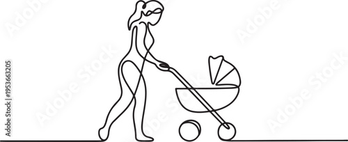 One continuous single drawing line art flat doodle parent, mom, people, mother, child, motherhood, stroller. One line draw graphic design vector