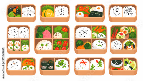 Variety of sushi in bento boxes.