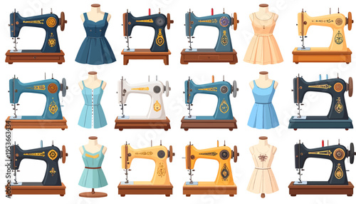 Vintage sewing machines with dresses.