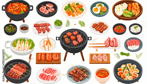 Variety of grilled meat and food.