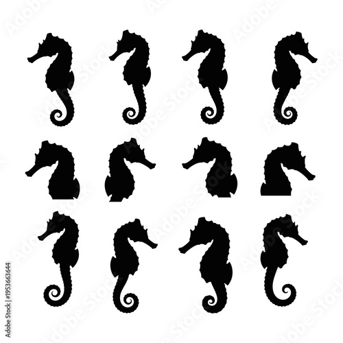 Minimalist black seahorse silhouettes set for marine logo design