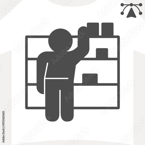 Merchandiser man at shelves with goods solid icon, market concept. Vector graphics. Worker sign and editable stroke, glyph style icon for mobile or web design.