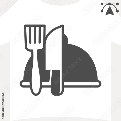 Covered dish and fork with knife solid icon, dishware concept. Vector graphics. Food sign and editable stroke, glyph style icon for mobile or web design.