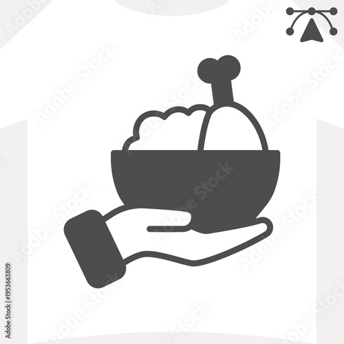 Plate of porridge in hand solid icon, food assistance concept. Vector graphics. Porridge and chicken dish sign and editable stroke, glyph style icon for mobile or web design.
