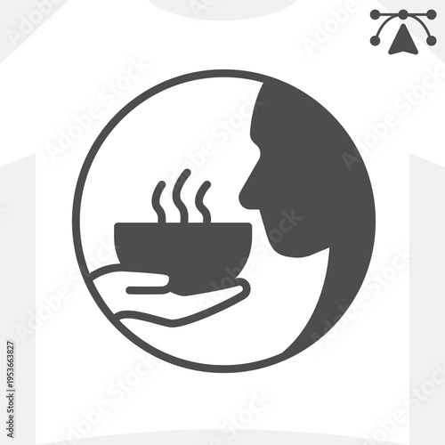 Plate of soup in hand and person face solid icon, food assistance concept. Vector graphics. Hot soup and starving man sign and editable stroke, glyph style icon for mobile or web design.