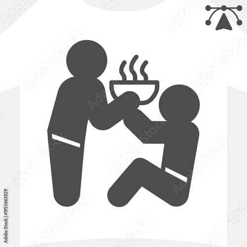 Two men with bowl of soup solid icon, food assistance concept. Vector graphics. Kind helper and starving man sign and editable stroke, glyph style icon for mobile or web design.