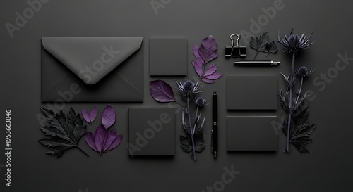 Elegant Black Stationery Set with Purple Accents on Dark Background.