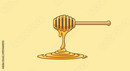 Golden honey dripping from dipper.