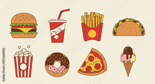 Colorful fast food icons set.