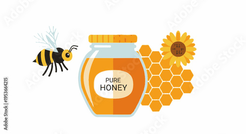 Honey jar with bee and honeycomb.