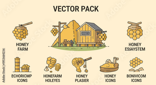 Honeycomb and beekeeping tools vector icons.
