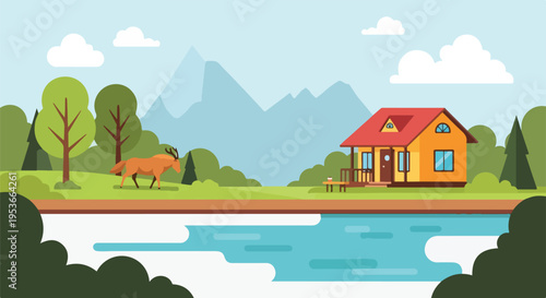 A colorful cartoon scene depicts a house, deer, and nature