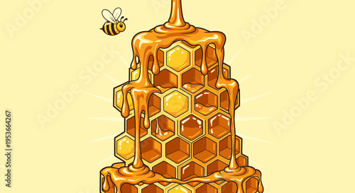 Honeycomb with honey and a bee.