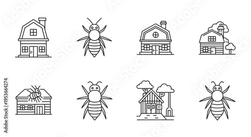 Insects and houses line icons.