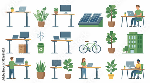 Sustainable Workspaces with Green Technology Elements.