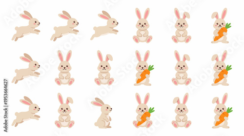 Cute Cartoon Rabbits with Carrots Illustration.